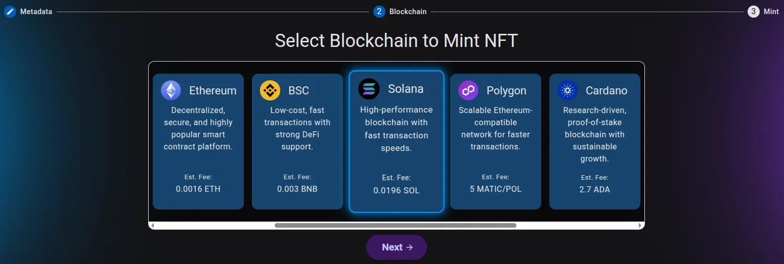 NFT blockchain selector
