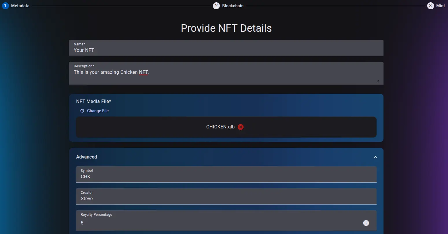 NFT metadata form, first part
