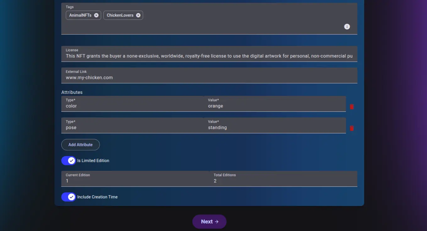 NFT metadata form, second part